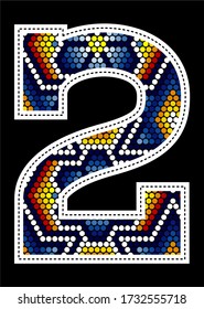 number 2 with colorful dots abstract design inspired in mexican huichol art style isolated on black background