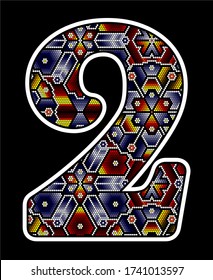 number 2 with colorful dots. Abstract design inspired in mexican huichol beaded art style. isolated on black background