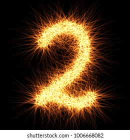 Number 2 composed from lights particles, isolated on black. Vector design.
