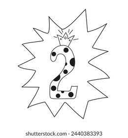 Number 2, Crown, drawing, doodles. Cartoon number. Greeting card design. Holiday, birthday. Vector icon, illustration, white isolated background.