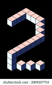 Number 2 from cubes isolated on black background. Pastel pink and blue colors. Pixel, 8 bit, isometric style. Vector illustration