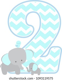 number 2 with cute elephant and little baby elephant isolated on white. can be used for father's day card, baby boy birth announcements, nursery decoration, party theme or birthday invitation