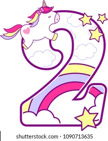 number 2 with cute unicorn and rainbow. can be used for baby birth announcements, nursery decoration, party theme or birthday invitation. Design for baby and children