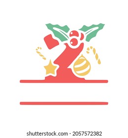 Number 2 is decorated with mistletoe and Christmas elements, personalized monogram, vector logo, emblems or initial design.
