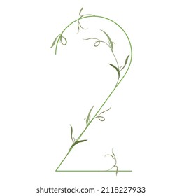Number 2. Digit two. Botanical digit. Beautiful floral font with delicate green leaves or branches of grass. Isolated vector illustration. On white background.