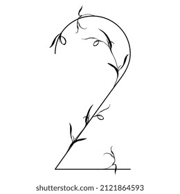 Number 2. Digit two. Botanical digit. Beautiful floral font with delicate leaves or branches of grass. Isolated vector illustration. Black silhouette on white background.