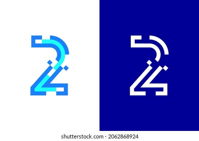 Number 2 digital logo. Numbers design with technology concept. Line logo and pixel