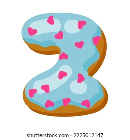 Number 2 in donut font vector illustration. Design of number from chocolate donut or cookie with icing. Food, dessert, typography concept for bakery or cafe