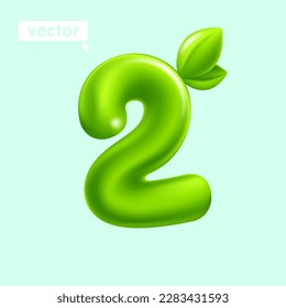 Number 2 eco logo. Two sign with green leaves. 3D realistic and cartoon balloon style. Glossy vector illustration. Perfect for agriculture banners, vibrant adv, waste recycling art, healthy food.