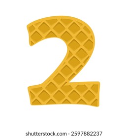 Number 2 element waffle. Crunchy waffle in the shape of number Two. Vector illustration. Alphabet, letters, numbers and signs made from cookie, waffle.