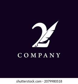 Number 2 with Feather Quill Pen Notary Writer Journalist Logo Design Inspiration