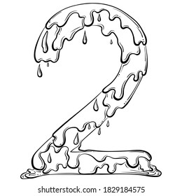 Number 2 with flow drops and goo splash. Dripping liquid symbol. Vector trendy font made in hand drawn line art style isolated on white background. Slime logo or initial letter. 