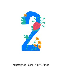 Number 2 in flowers and plants. Vector. Number in decorative elements for inscriptions. Company logo. Poster or monogram. Health and beauty. Eco products. Flower shop.