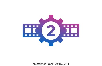 Number 2 Gear Cog Wheel with Reel Stripes Filmstrip for Film Movie Cinema Production Studio Logo Inspiration