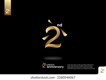 Number 2 gold logo icon design, 2nd birthday logo number, 2nd anniversary.