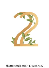 Number 2 with gradient style beige color covered with green leaves eco font flat vector illustration isolated on white background