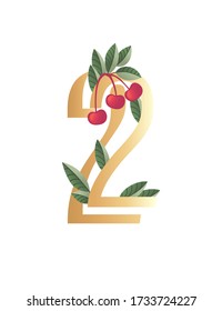 Number 2 with gradient style beige color covered with green leaves and red berries eco font flat vector illustration isolated on white background