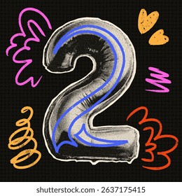 Number 2 with a grainy, dotted texture. Foil balloon shaped like the number 2. Doodle-style design. Perfect for Y2K-inspired collages, greeting cards, or posters. Includes elements like date, number