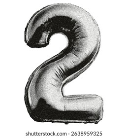 Number 2 with a grainy, dotted texture. Foil balloon shaped like the number 2. Perfect for Y2K-inspired collages, cards, posters, or prints. Halftone photocopy effect
