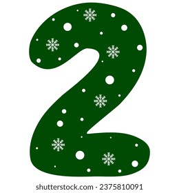 number 2 green color, snowflake pattern, winter letters, vector illustration