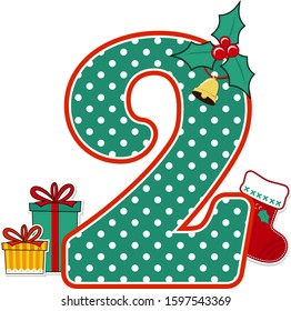 number 2 with green and white polka dots pattern and christmas design elements isolated on white background. can be used for holiday season card, nursery decoration or christmas party invitation