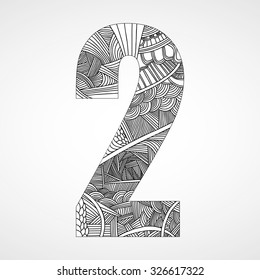 Number "2" with hand drawn abstract doodle pattern.