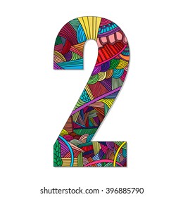 Number 2 with hand drawn abstract doodle pattern. Vector illustration.