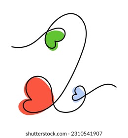 Number 2 handwritten in one continuous line with hearts and color spots in trendy shades. Vector.