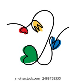 Number 2 with hearts and flowers hand drawn Decorative one continuous line in trendy bright colors