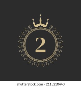 Número 2 Marco Real Heráldico con corona y corona de laurel. Simple Emblema Clásico. Composición redonda. Estilo de gráficos. Elementos de arte para la ilustración de vectores de diseño de logotipos