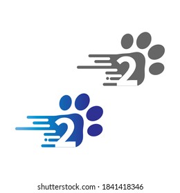 Number 2  icon on paw prints logo design 