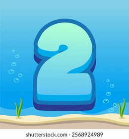 Number 2 Illustration with Gradient Blue Background, Bubbles, and Ocean Floor Details Featuring Sand and Seaweed