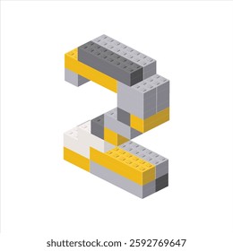 Number 2 in isometric view assembled from plastic blocks. Vector
