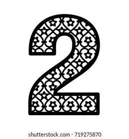 Number 2 for laser cutting. Numeral character two. Decorative paper font. Numeric date template. Vector letter for wedding invitation and birthday card.