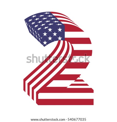 Number 2 letter from 3d with American flag texture wrapped. Volume USA vector font