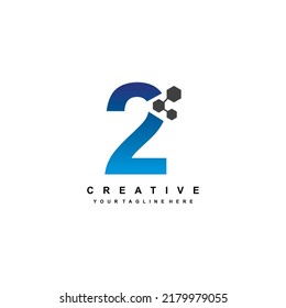 Number 2 logo design with elegant and luxurious style. Blue Geometric Shapes with Hexagon Pixel Points. suitable for Business Logo, Technology, company. Logo Template Elements. number design