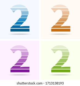 Conjunto de logotipos Número 2, emblema moderno, plantilla de elementos de diseño. Diseño numérico en colores naranja, azul, violeta y verde. Vector aislado

