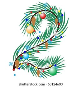 Number - 2. Made of a Christmas tree with festive decorations. Isolated on white