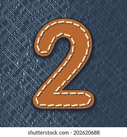 Number 2 made from leather on jeans background - vector illustration