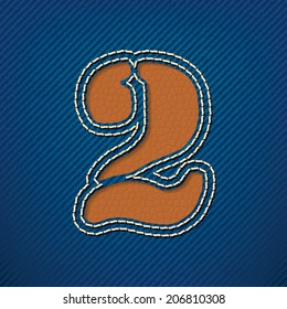 Número 2 hecho de cuero sobre fondo jeans - ilustración vectorial