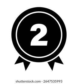Number 2 Medal Icon Vector, Second Place Award Ribbon Illustration.