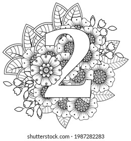 Number 2 with Mehndi flower. decorative ornament in ethnic oriental style. coloring book page. 