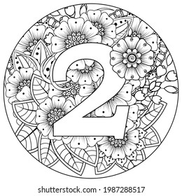 Number 2 with Mehndi flower. decorative ornament in ethnic oriental style. coloring book page. 