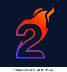 number 2 on fire. burning letter. 2 burning with purple and orange gradient. sparks and flames on the two digit. Used to show countdown or upcoming events. 