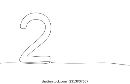 Number 2. One line continuous number two isolated on white background. Line art, outline, vector illustration.