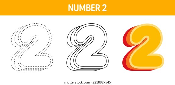 Number 2 Orange, tracing and coloring worksheet for kids