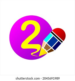 Number 2 with pencil in dots, colorful clipart. Simple, beautiful and cool vector graphic resource