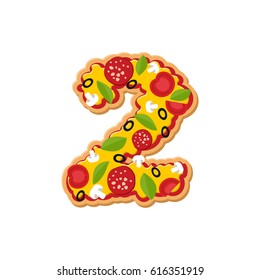 Number 2 pizza font. Italian meal alphabet numeral two. Lettring fast food
