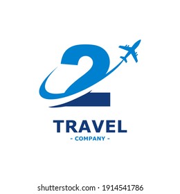 number 2 with plane and airline logo vector template. Suitable for travel label, tourism, journey posters, flight company advertising, airways identity, and tech transportation