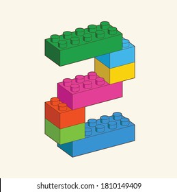 Number 2 from Plastic building blocks. Colored bricks isolated on white background. Vector 3d illustration.